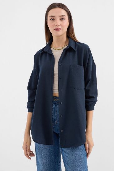20153 Tek Cepli Oversize Keten Gömlek - Lacivert resmi